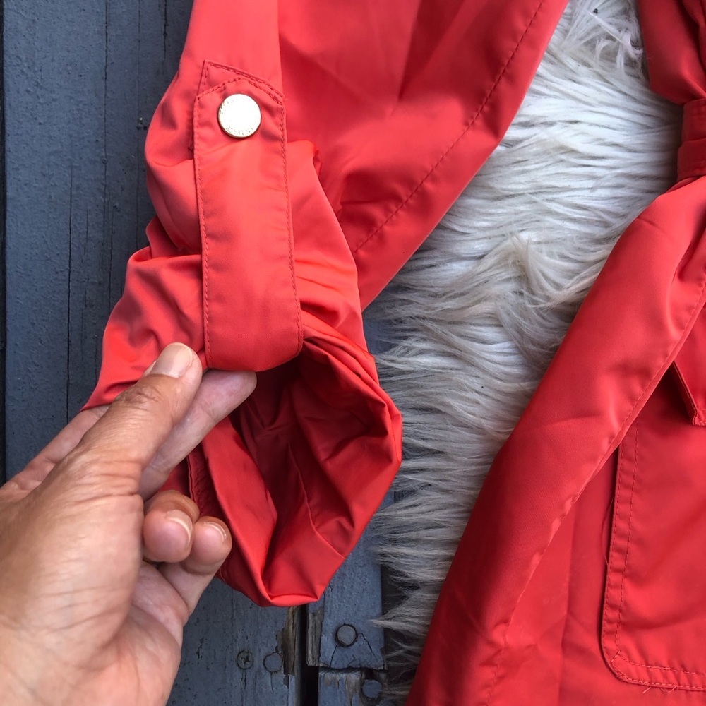 Ellen Tracy Hooded Belted Coral Pink Red Utility Jacket Windbreaker size PM - Picture 10 of 14